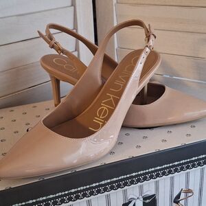 New Calvin Klein Patent Nude Slingback Pumps